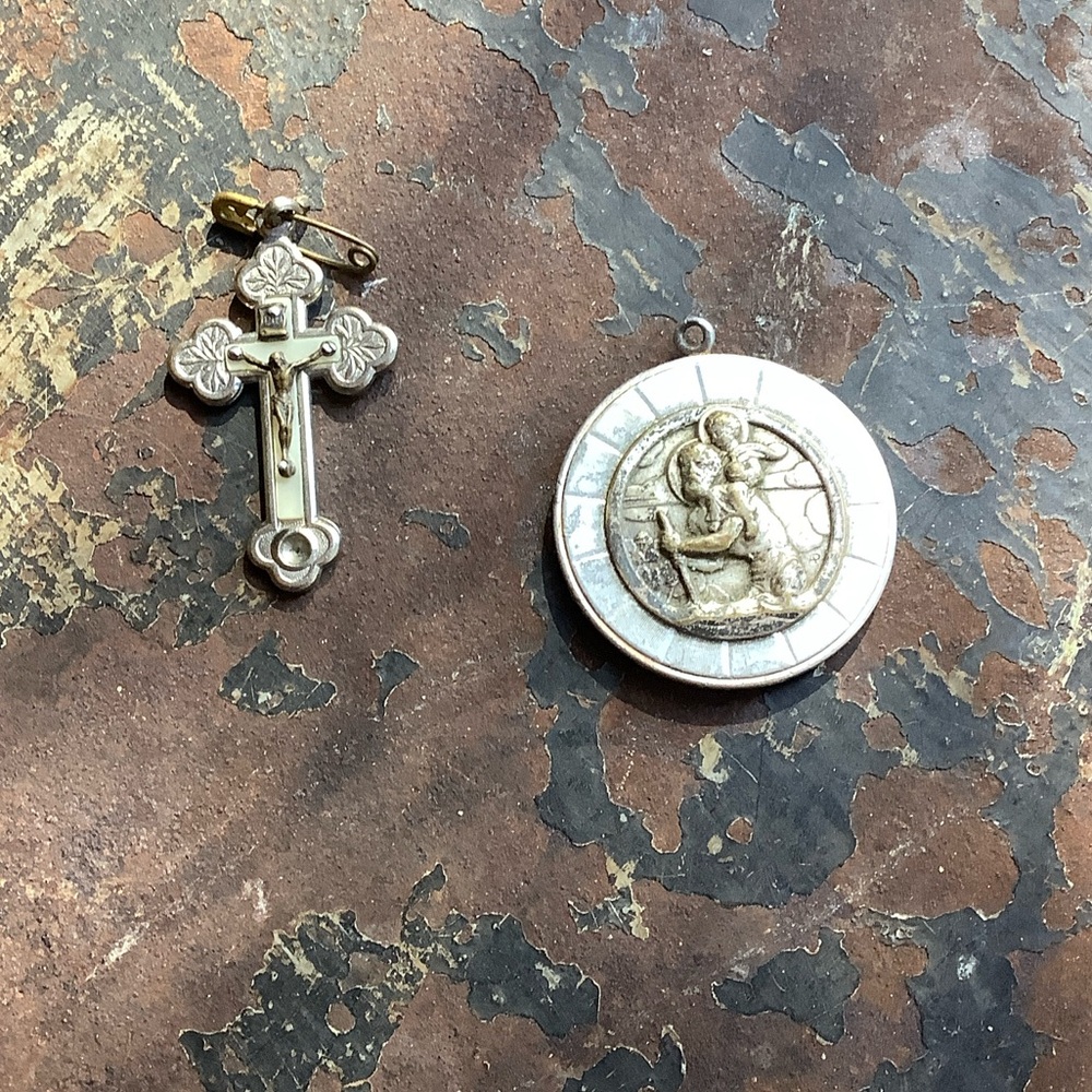 VTG Catholic Crucifix and St. Christopher Travelers Medal